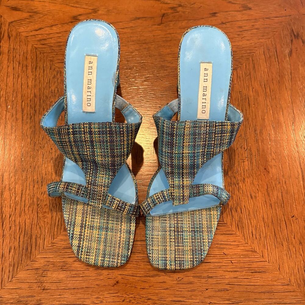 Ann Marino Blue Plaid Heeled Sandals Women's Size 8.5